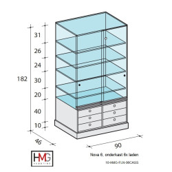 Volglas vitrine met laden-onderkast Nova 6LK zonder verlichting