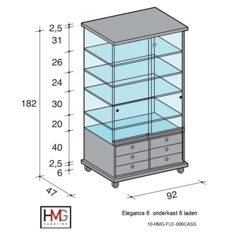 Volglas vitrine met laden-onderkast Elegance 6LK zonder verlichting