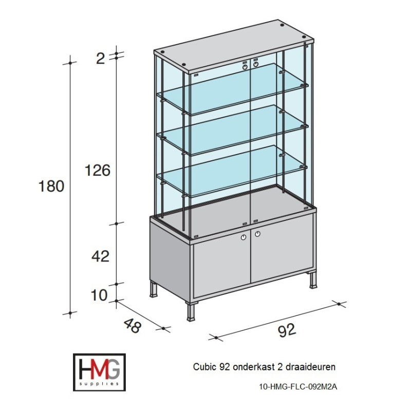 Volglas vitrine met onderkast Cubic 92K zonder verlichting