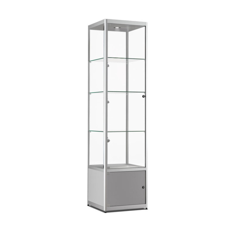 Aluminium vitrine Highlight 500x500x2000 met onderkast, plafond en rail verlichting